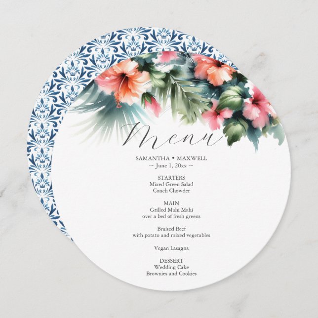 Cartão Menu Casado Flores Hibiscus Aquarela (Frente/Verso)