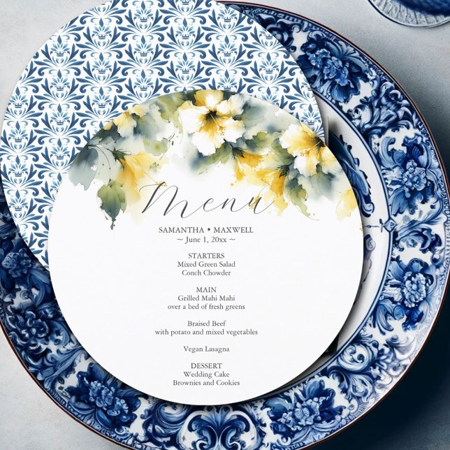 Cartão Menu Casado Flores Hibiscus Aquarela (wedding menu card watercolor yellow hibiscus flowers blue ornate pattern)