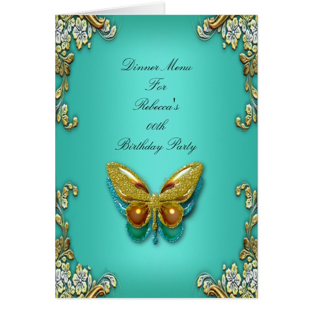 Cartão Menu Dinner Card Gold Teal Blue Butterfly (Frente)