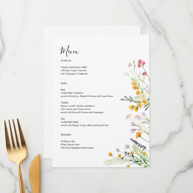 Cartão Menu moderno de Flores Selvagens monograma  (Frente/Verso In Situ)