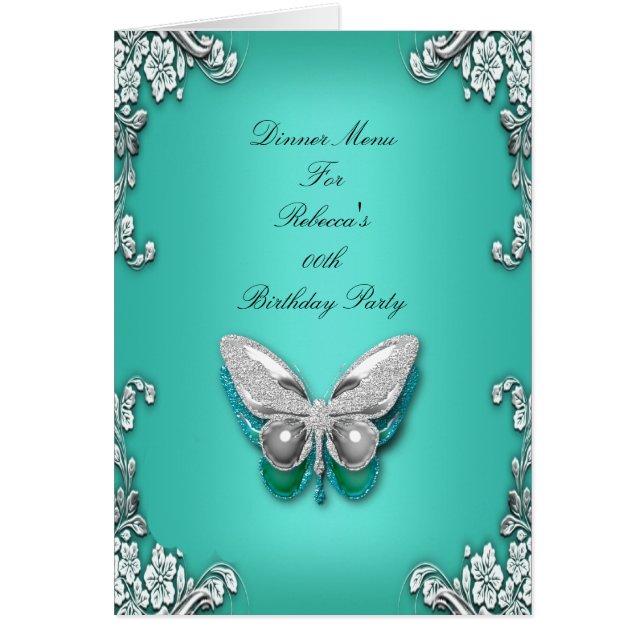 Cartão Menu Placa de Janto Silver Teal Blue Butterfly (Frente)