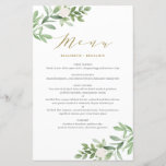 Cartão-Menu Verde e Dourado Floral Branco<br><div class="desc">Adicione um sotaque verde à sua capa de tabela com este cartão de menu verde personalizável. Apresenta ilustrações de aquarela e padrão de folhagem e flores brancas. Este cartão de menus floral é perfeito para casamentos de primavera e jardins e outros eventos.</div>