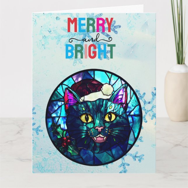 Cartão Meowing Stained-Glass Christmas Black Cat (Frente)