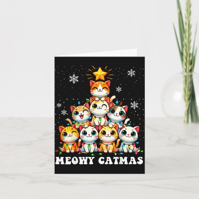 Cartão Meowy Catmas Funny Christmas Tree Lights Cute Cat  (Frente)