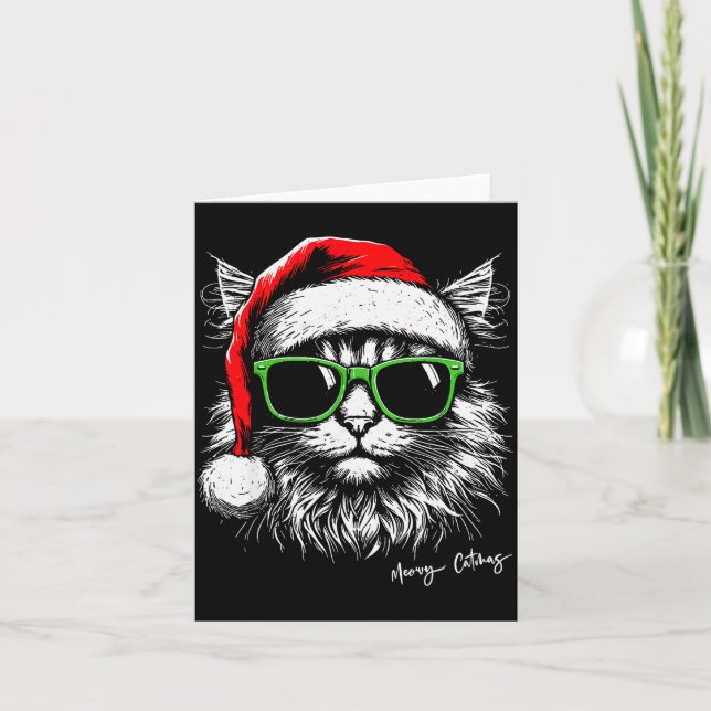 Cartão Meowy Catmas Santa Hat Cute Cat Christmas Pajamas  (Frente)