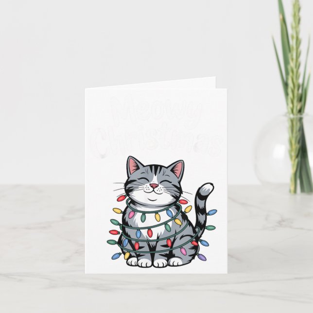 Cartão Meowy Christmas Cute Gray Tabby Cat Holiday Lights (Frente)