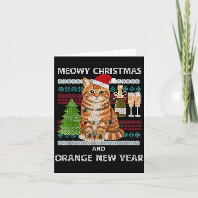 Cartão Meowy Christmas Funny Orange Cat Santa Hat Ugly Sw (Frente)