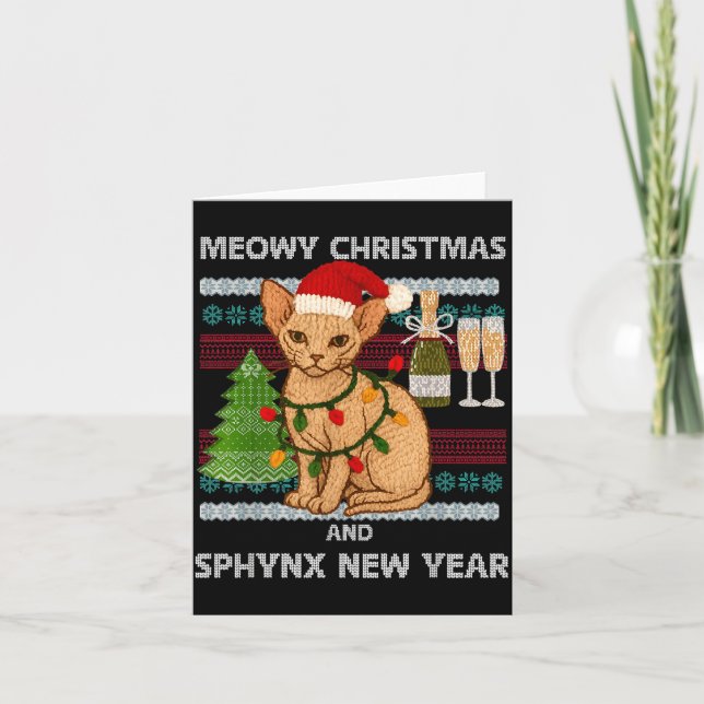 Cartão Meowy Christmas Funny Sphynx Cat Santa Hat Ugly Sw (Frente)