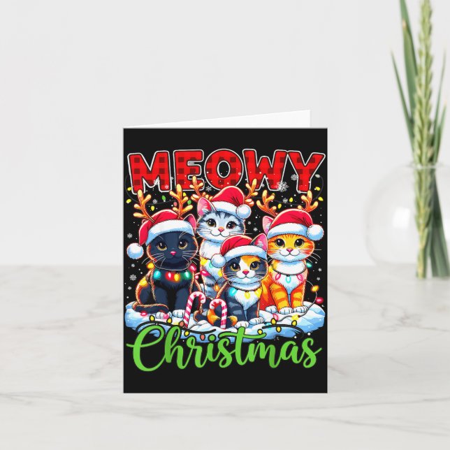 Cartão Meowy Christmas Reindeer Xmas Lights Santa Cat  (Frente)