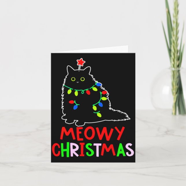 Cartão Meowy Christmas Xmas Lights Black Cat Pajamas  (Frente)