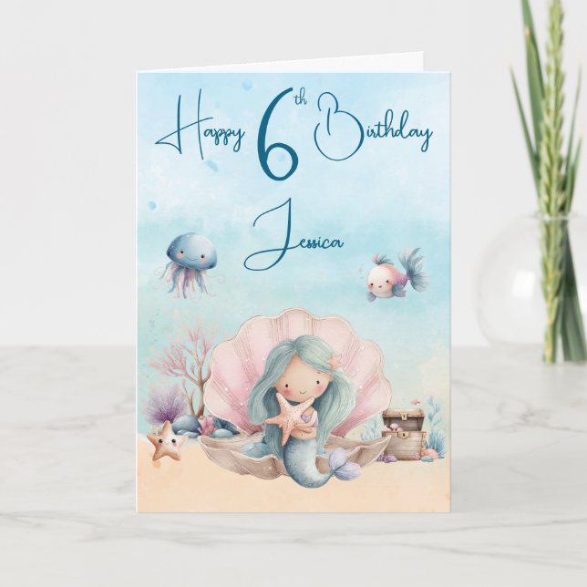 Cartão Mermaid 6th Birthday Folded Greeting Card (Frente)