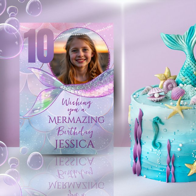 Cartão Mermaid One Photo 10th Birthday Card (Criador carregado)