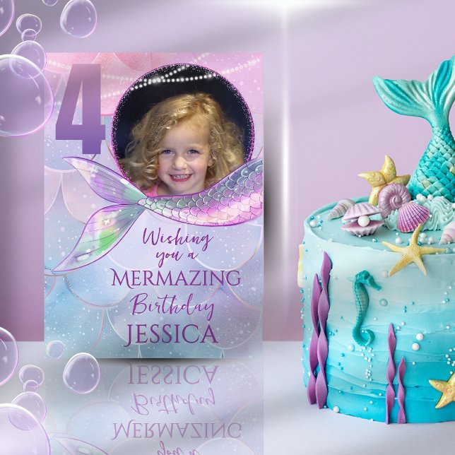 Cartão Mermaid One Photo 4th Birthday Card (Criador carregado)