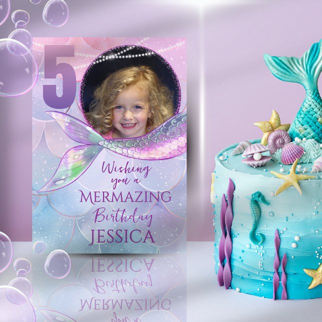 Cartão Mermaid One Photo 5th Birthday Card (Criador carregado)