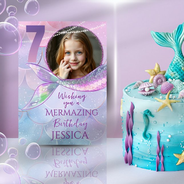 Cartão Mermaid One Photo 7th Birthday Card (Criador carregado)