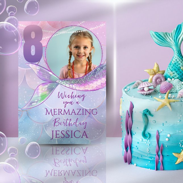 Cartão Mermaid One Photo 8th Birthday Card (Criador carregado)