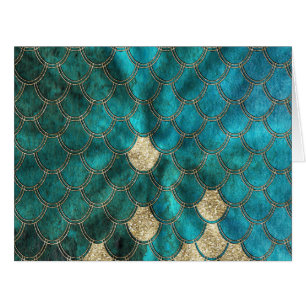 Cartão Mermaidescalas verdes aqua com brilho dourado