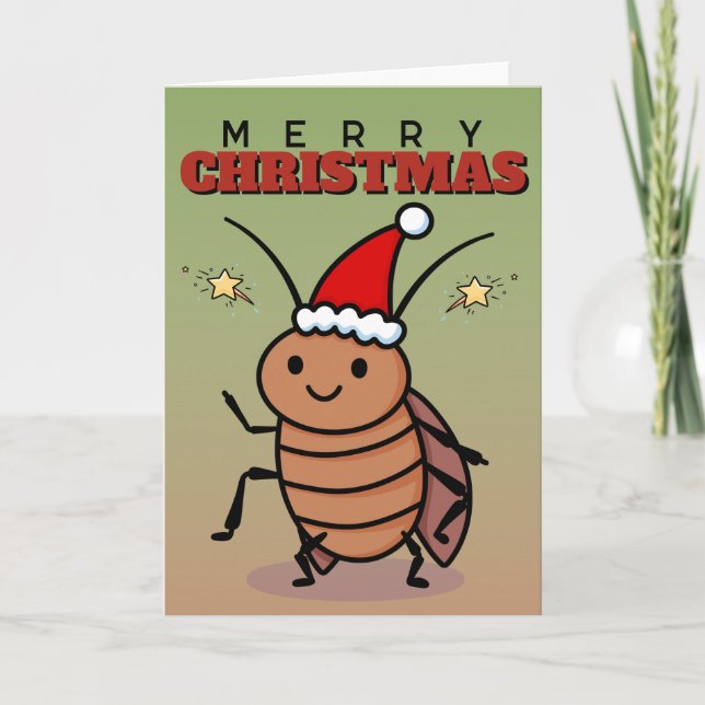 Cartão Merr Christmas Cockroach Vestindo um Papai Noel (Frente)