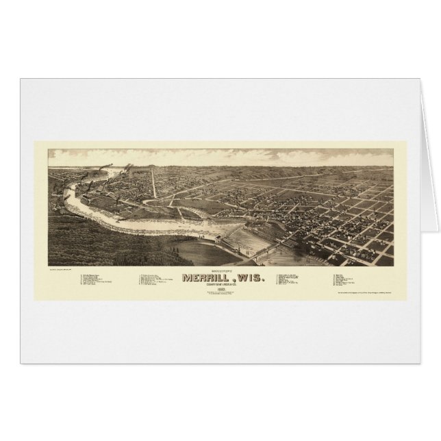 Cartão Merrill, mapa panorâmico dos WI - 1883 (Frente Horizontal)