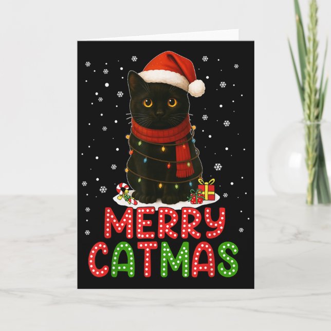 Cartão Merry Catmas Santa Hat Funny Black Cat Christmas W (Frente)