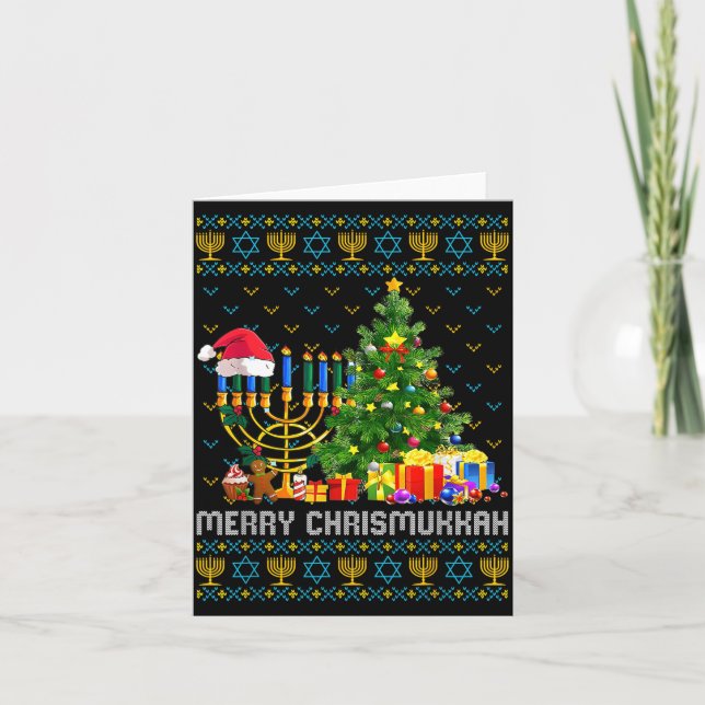 Cartão Merry Chrismukkah Happy Hanukkah Ugly Sweater Fami (Frente)