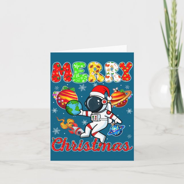 Cartão Merry Christmas Astronaut Santa Hat Snowflakes Tre (Frente)