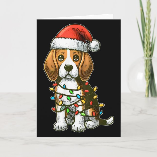 Cartão Merry Christmas Beagle Santa Christmas Lights Dog  (Frente)