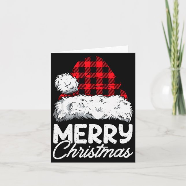 Cartão Merry Christmas Buffalo Plaid Red Santa Hat Xmas P (Frente)
