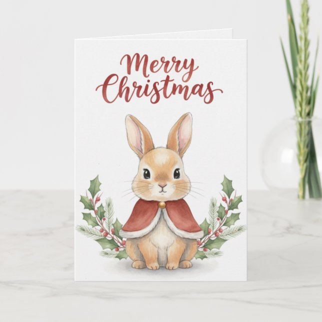 Cartão Merry Christmas Bunny Card Cute Rabbit in Red Cape (Frente)