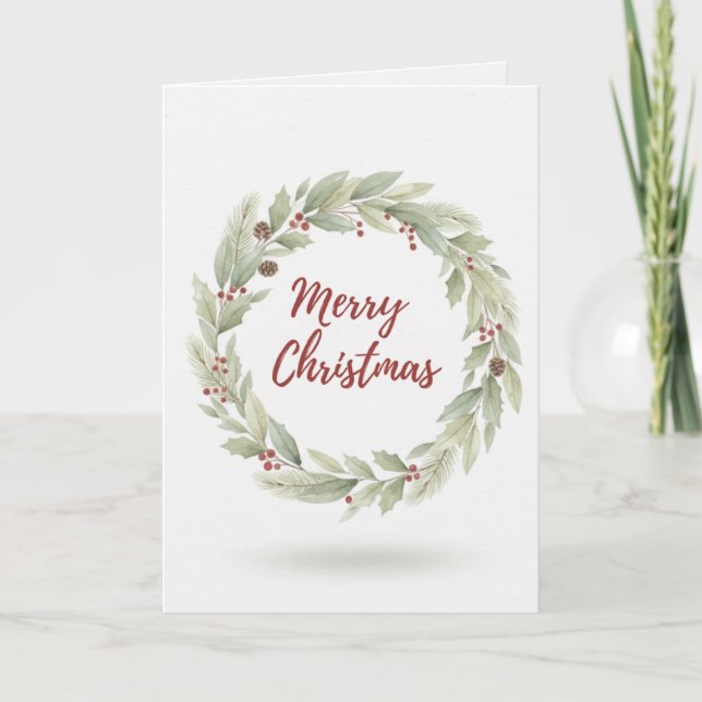 Cartão Merry Christmas Card Watercolour Greenery Wreath (Frente)