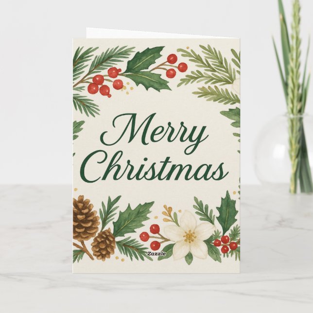 Cartão Merry Christmas Card Winter Florals Pine Branches  (Verso)