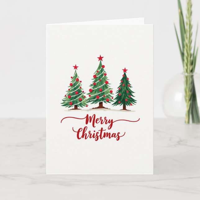 Cartão Merry Christmas Card with Three Watercolor Pines (Frente)