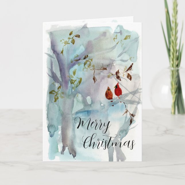 Cartão Merry Christmas Cardinals Winter Forest Watercolor (Frente)