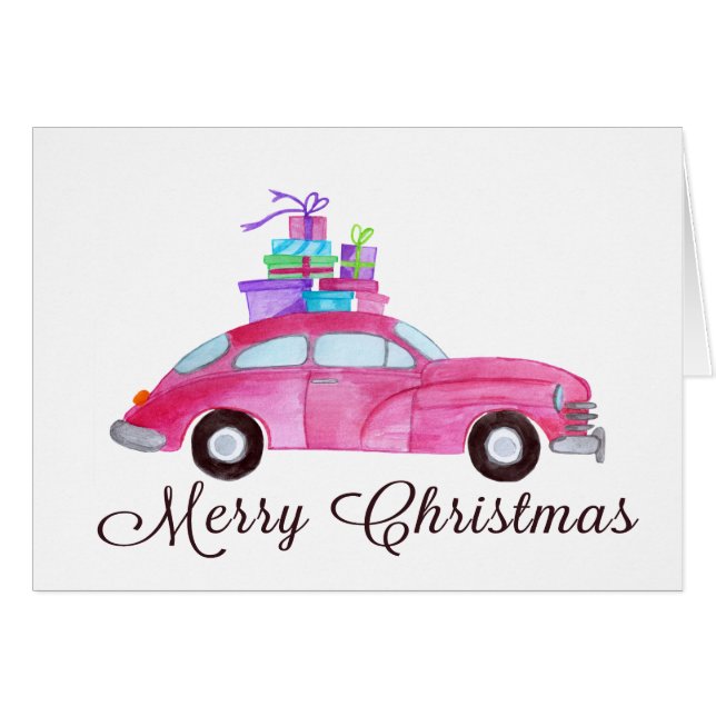 Cartão Merry Christmas Classic Car Watercolor (Frente Horizontal)