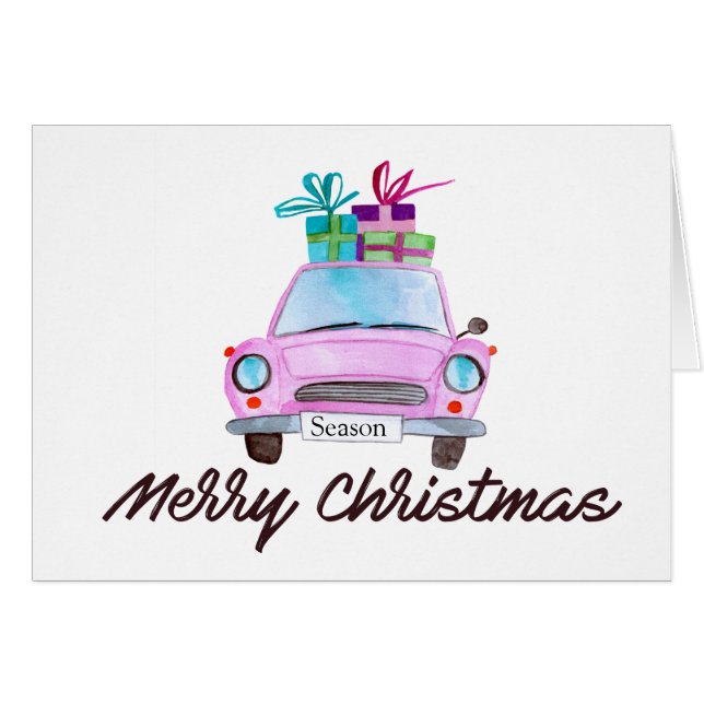 Cartão Merry Christmas Classic Car Watercolor (Frente Horizontal)