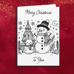 Cartão Merry Christmas Color Me | Snowman e Bunny<br><div class="desc">Cartão de Natal com páginas coloridas. As páginas coloridas são um boneco de neve e coelho com árvores de Natal,  a lua e os flocos de neve na frente. O dentro tem Papais noeis e renas bonitos.</div>