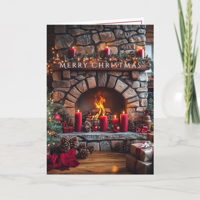 Cartão Merry Christmas  Fireplace Red Candles Pine Cones (Frente)