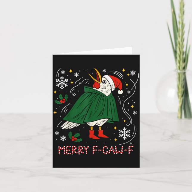 Cartão Merry Christmas Funny Raven Bird F-caw-f Xmas Holi (Frente)