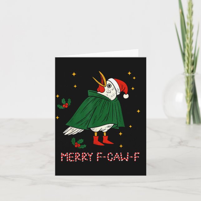 Cartão Merry Christmas Funny Raven Bird F-caw-f Xmas Holi (Frente)
