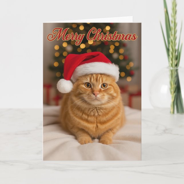 Cartão Merry Christmas – Ginger Cat by the Tree   (Frente)