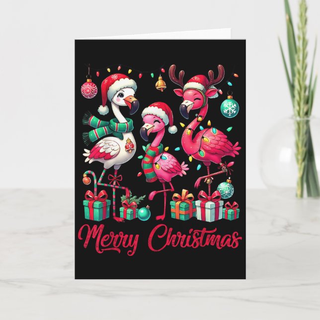 Cartão Merry Christmas Lights Flamingo Santa Hat Snow Xma (Frente)
