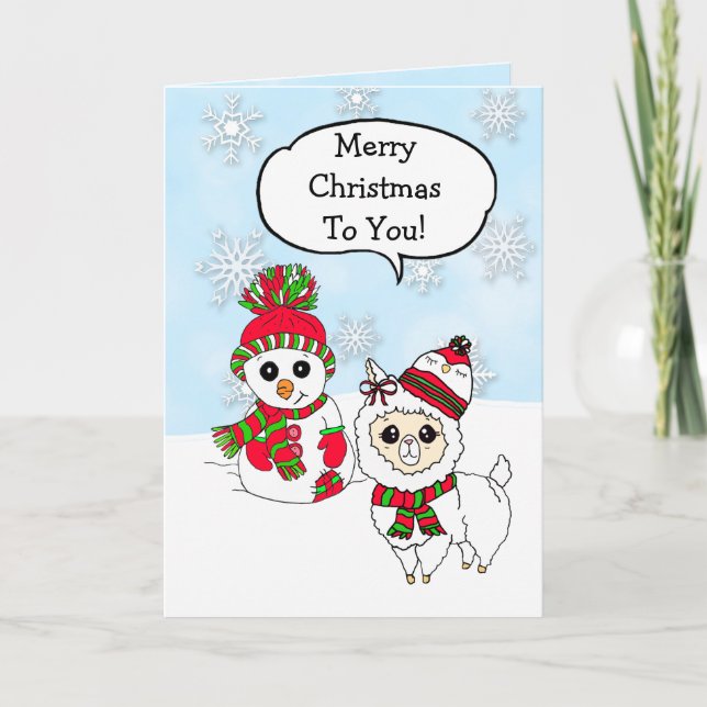 Cartão Merry Christmas Llama and Snowman Hand Drawn (Frente)
