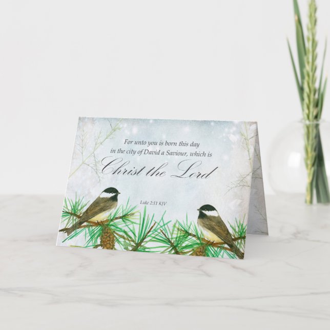 Cartão Merry Christmas Luke Bible Scripture Chickadees (Frente)