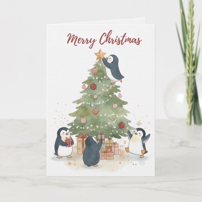 Cartão Merry Christmas Penguins Card Cute Kids & Family (Frente)