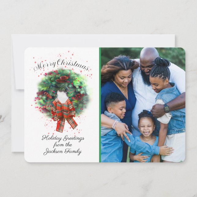 Cartão Merry Christmas Photo Custom Card With Wreath (Frente)