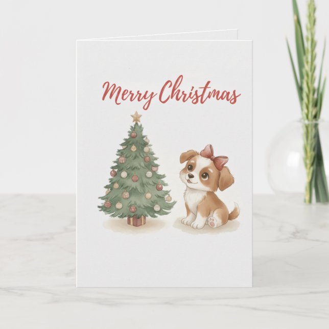 Cartão Merry Christmas Puppy Card Cute Dog with Tree (Frente)