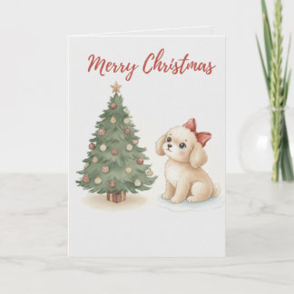 Cartão Merry Christmas Puppy Card Fluffy Dog with Tree
