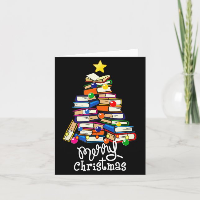 Cartão Merry Christmas Tree Love Reading Books Librarian  (Frente)