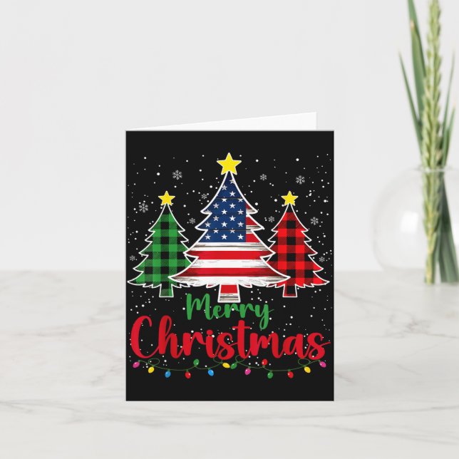 Cartão Merry Christmas Tree Plaid Us Flag Snowflake Xmas  (Frente)