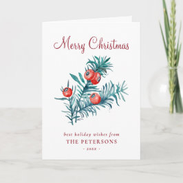 Cartão Merry Christmas Watercolor Red Yew Berries